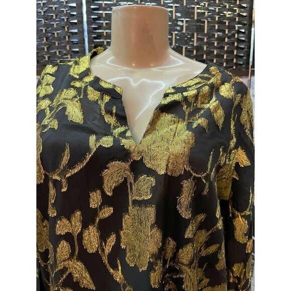 Jessica London 24 Black Floral Sheer Gold Metallic Long Sleeve Top- 2 PC - Picture 2 of 7